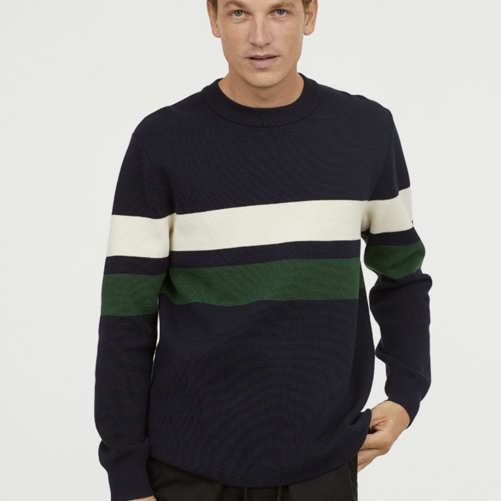 Men's Navy Sweater with Green and White Stripes